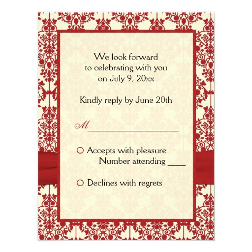 PRINTED RIBBON Cream, Red Damask Reply Card