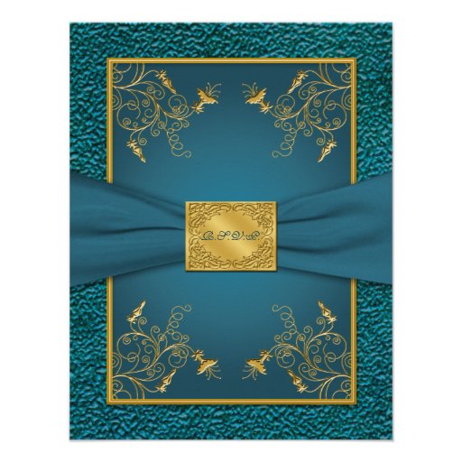 PRINTED RIBBON Gold, Teal RSVP Card