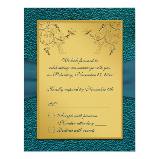 PRINTED RIBBON Gold, Teal RSVP Card