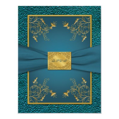 PRINTED RIBBON Gold, Teal RSVP Card