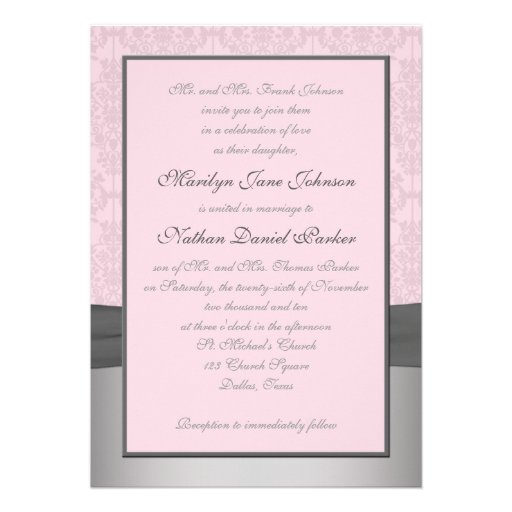 PRINTED RIBBON Gray, Pink Damask Wedding Invite