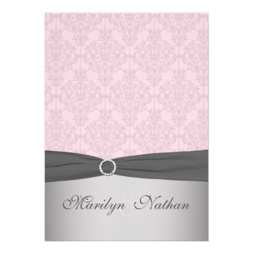 PRINTED RIBBON Gray, Pink Damask Wedding Invite