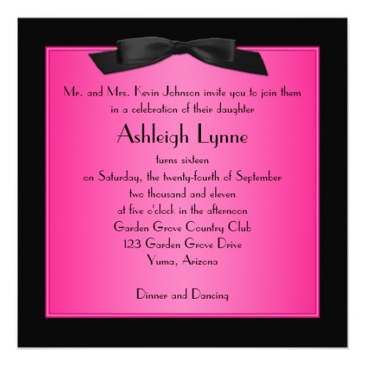 PRINTED RIBBON Hot Pink, Black Sweet 16 Invite