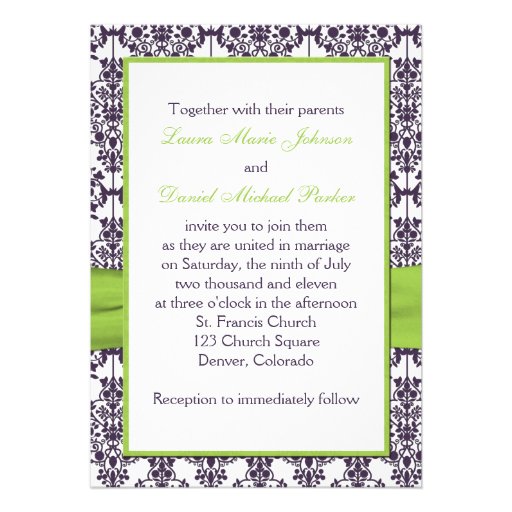 PRINTED RIBBON Lime, Purple Damask Wedding Invite