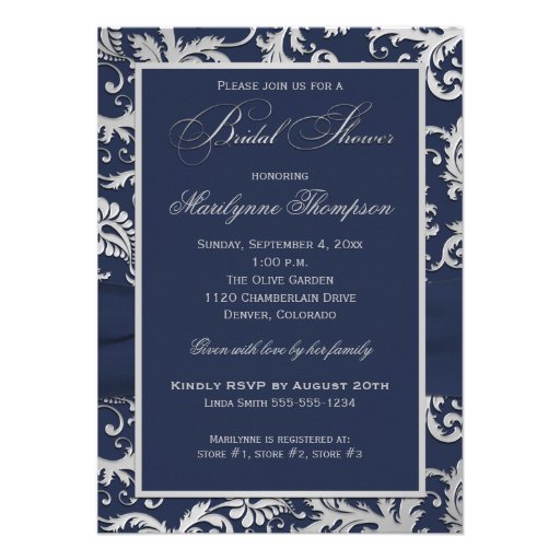 PRINTED RIBBON Navy, Silver Bridal Shower Invite