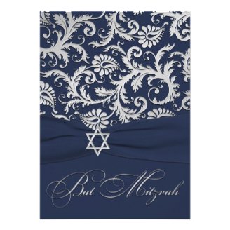 PRINTED RIBBON Navy, Silver Damask Bat Mitzvah Personalized Announcement