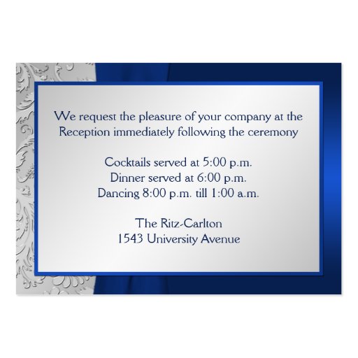 PRINTED RIBBON Navy Silver Damask Enclosure Card Business Card (back side)