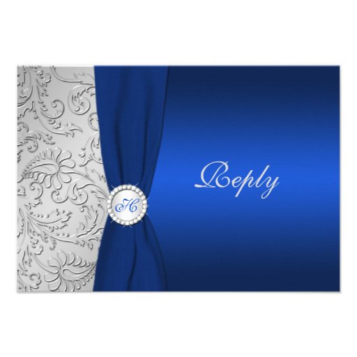 PRINTED RIBBON Navy Silver Damask RSVP Card Custom Invitation