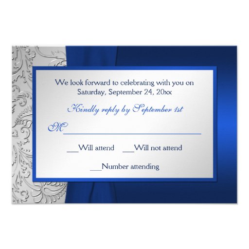 PRINTED RIBBON Navy Silver Damask RSVP Card Custom Invitation