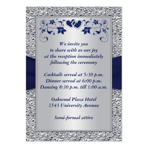 PRINTED RIBBON Navy, Silver Floral Enclosure Card Business Card Templates (back side)