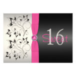 PRINTED RIBBON Pink, Black Floral Sweet 16 Invite