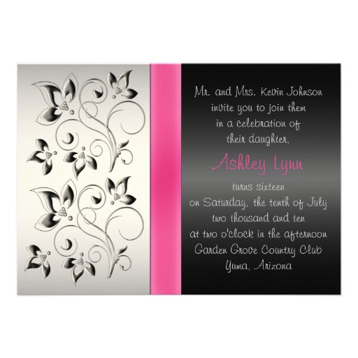 PRINTED RIBBON Pink, Black Floral Sweet 16 Invite