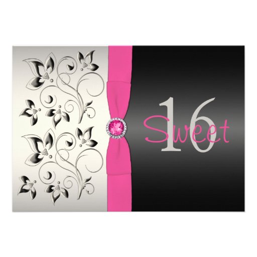 PRINTED RIBBON Pink, Black Floral Sweet 16 Invite