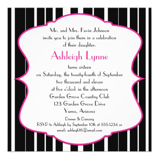 PRINTED RIBBON Pink, Black, White Sweet 16 Invite