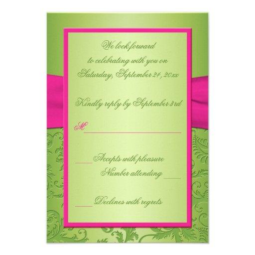 PRINTED RIBBON Pink, Green Damask Reply Card