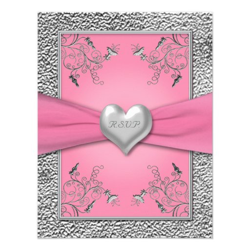 PRINTED RIBBON Pink, Pewter Heart RSVP Card