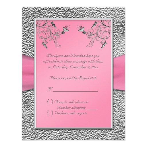 PRINTED RIBBON Pink, Pewter Heart RSVP Card