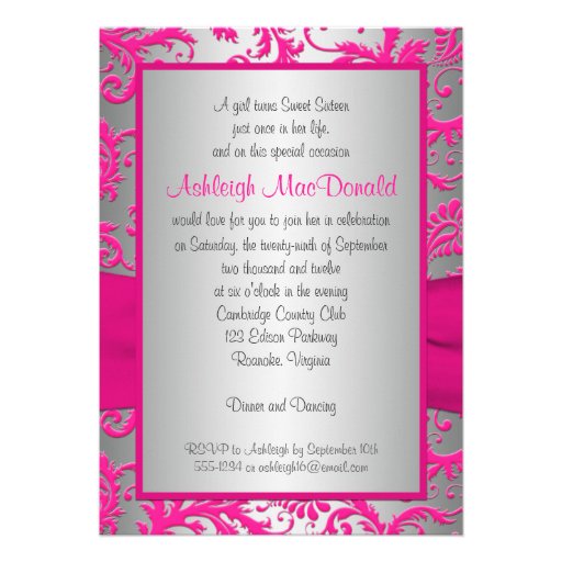 PRINTED RIBBON Pink, Silver Gray Sweet 16 Invite