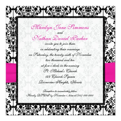 PRINTED RIBBON Pink White Black Damask Wedding Personalized Invitations