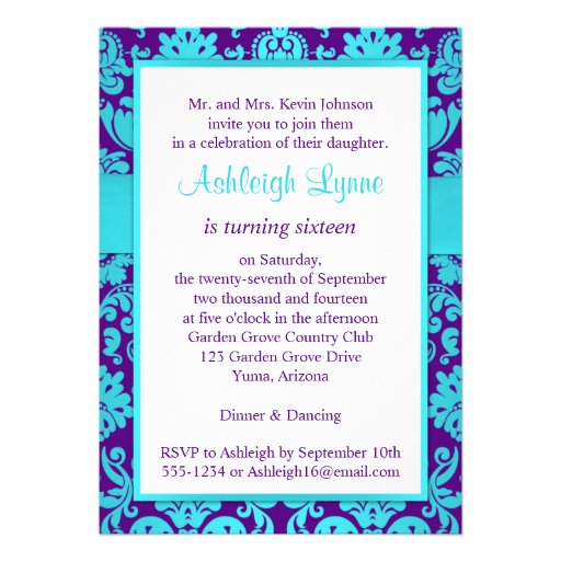 PRINTED RIBBON Purple, Aqua 16th Birthday Invite