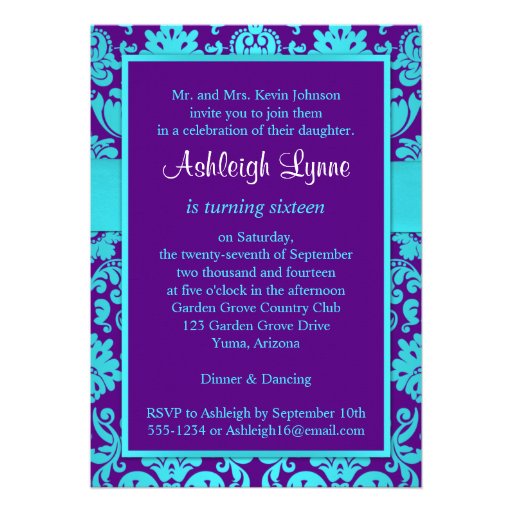 PRINTED RIBBON Purple, Aqua 16th Birthday Invite 2