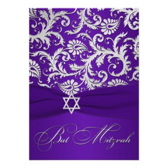 PRINTED RIBBON Purple, Silver Damask Bat Mitzvah Announcements