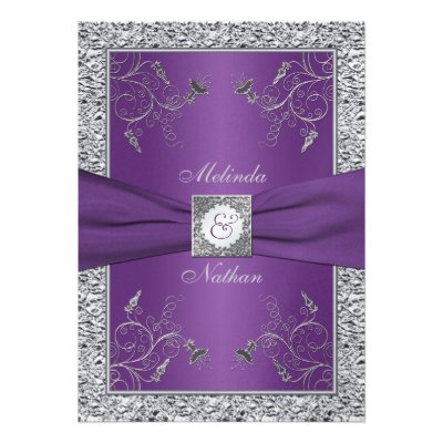 PRINTED RIBBON Purple Silver Wedding Invitation