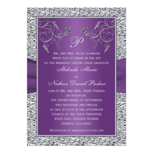 PRINTED RIBBON Purple Silver Wedding Invitation