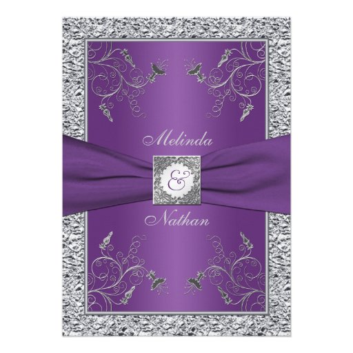 PRINTED RIBBON Purple Silver Wedding Invitation