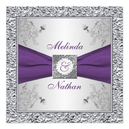 PRINTED RIBBON Purple Silver Wedding Invitation II (front side)