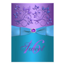 PRINTED RIBBON Purple, Turquoise Floral Sweet 16 Custom Invite
