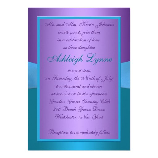 PRINTED RIBBON Purple, Turquoise Floral Sweet 16 Custom Invite