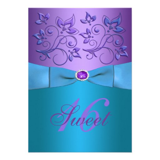 PRINTED RIBBON Purple, Turquoise Floral Sweet 16 Custom Invite