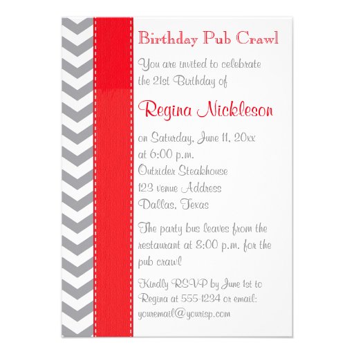 PRINTED RIBBON Red Gray White 21st Birthday Party Invitation