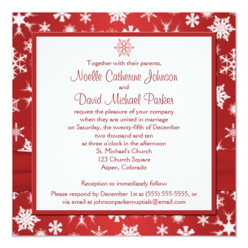 PRINTED RIBBON Red White Snowflakes Wedding Invite