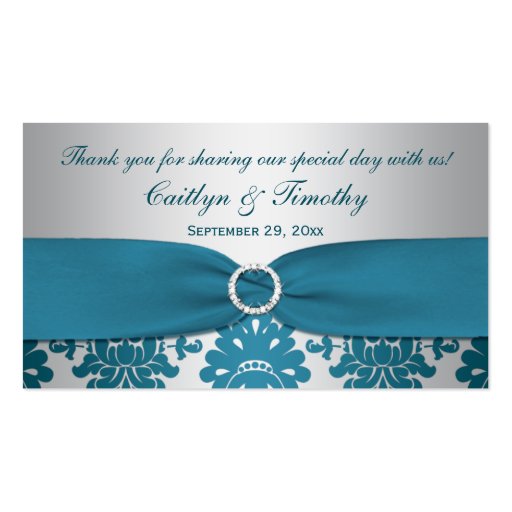 PRINTED RIBBON Silver, Teal Damask Favor Tag Business Card Templates (front side)