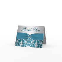 PRINTED RIBBON Silver, Teal Damask Thank You Card