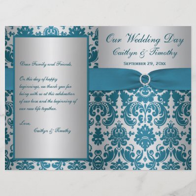 PRINTED RIBBON Silver, Teal Damask Wedding Program