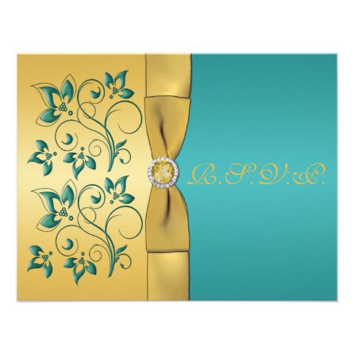 PRINTED RIBBON Teal, Gold Floral Reply Card