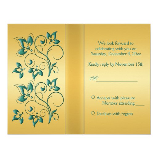 PRINTED RIBBON Teal, Gold Floral Reply Card