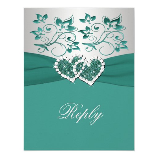 PRINTED RIBBON Teal, Silver Floral Reply Card (front side)