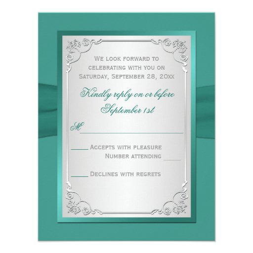 PRINTED RIBBON Teal, Silver Floral Reply Card