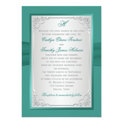 PRINTED RIBBON Teal Silver Joined Hearts Invite