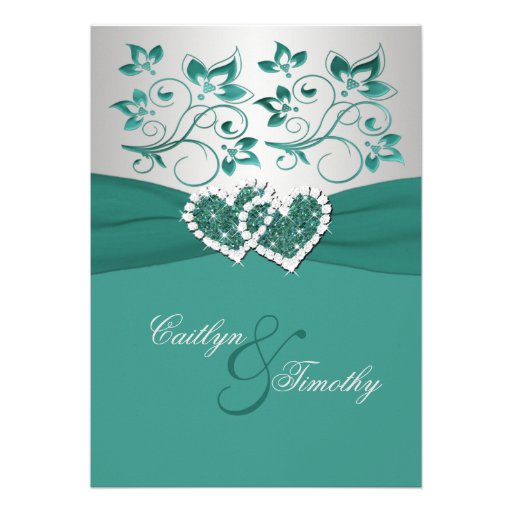 PRINTED RIBBON Teal Silver Joined Hearts Invite