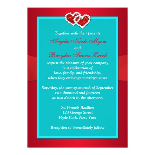 PRINTED RIBBON Turquoise Red Floral Wedding Invite