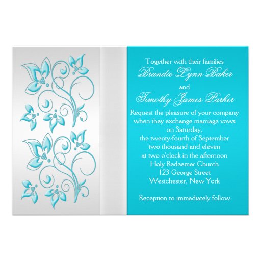 PRINTED RIBBON Turquoise, Silver Floral Wedding Personalized Announcements