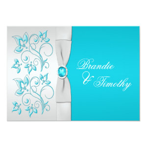 PRINTED RIBBON Turquoise, Silver Floral Wedding 5x7 Paper Invitation Card