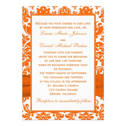 PRINTED RIBBON White, Orange Damask Wedding Invite