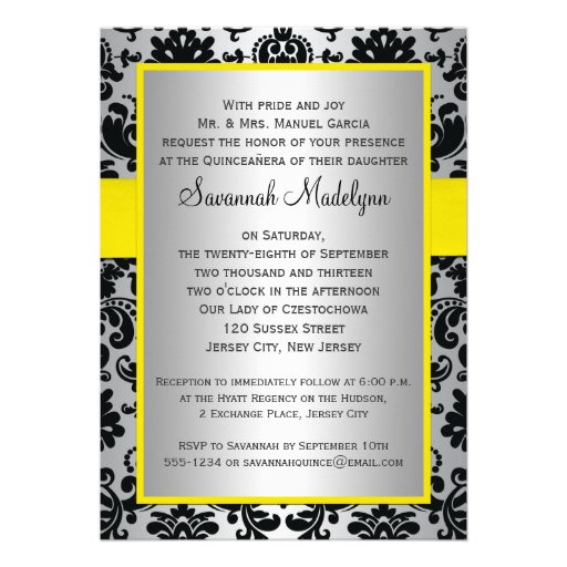 PRINTED RIBBON Yellow Silver Black Quinceanera Invitations