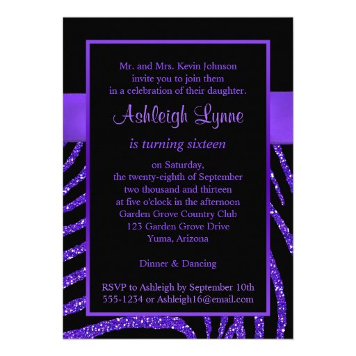 PRINTED RIBBON Zebra 16th Birthday Invitation